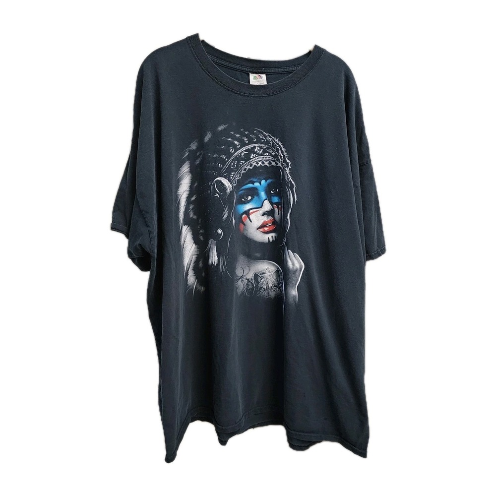 Vintage Native American Face T-Shirt Size 3XL Fruit of The Loom Black Graphic